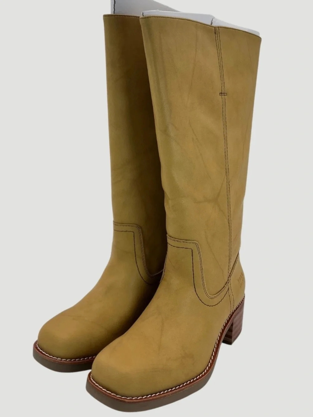 Frye Campus 14L Banana Yellow Tan Leather Vintage Knee High Pull On Tall Boots